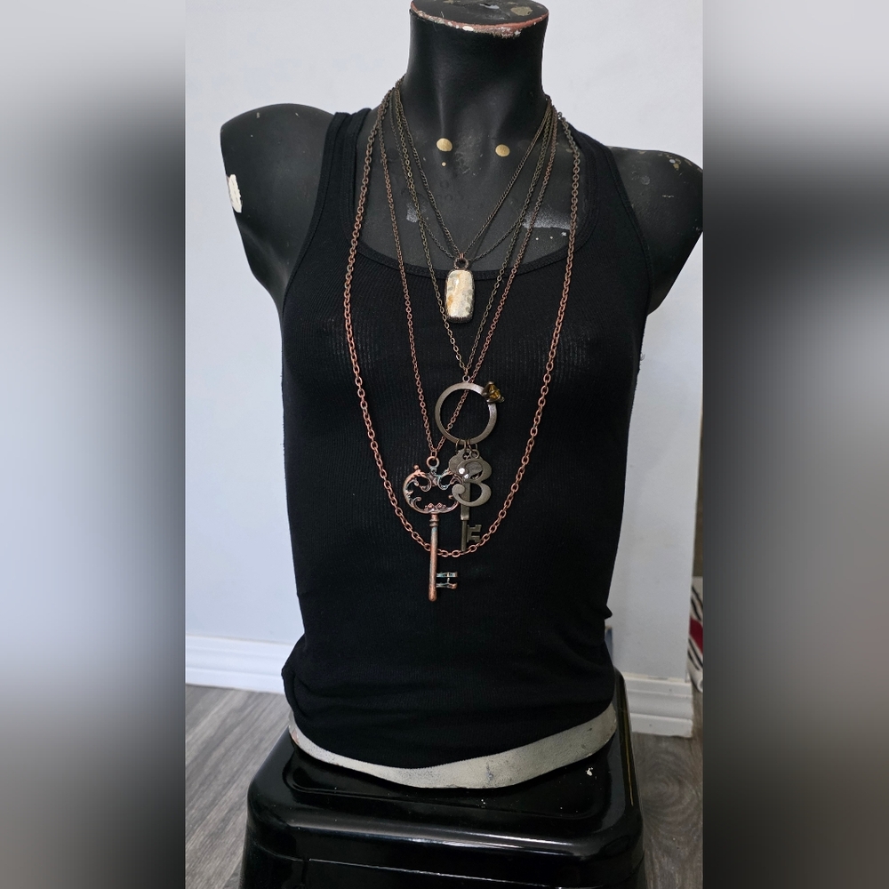 Set Of 3 Layered Brass Necklaces Fossil Coral